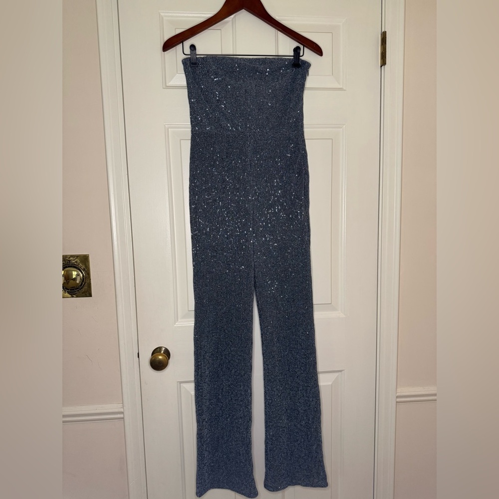 Silver/Blue sequined Strapless Jumpsuit